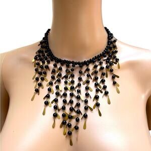 Vintage 1930s glass bead brass tassel Art Deco bib choker necklace